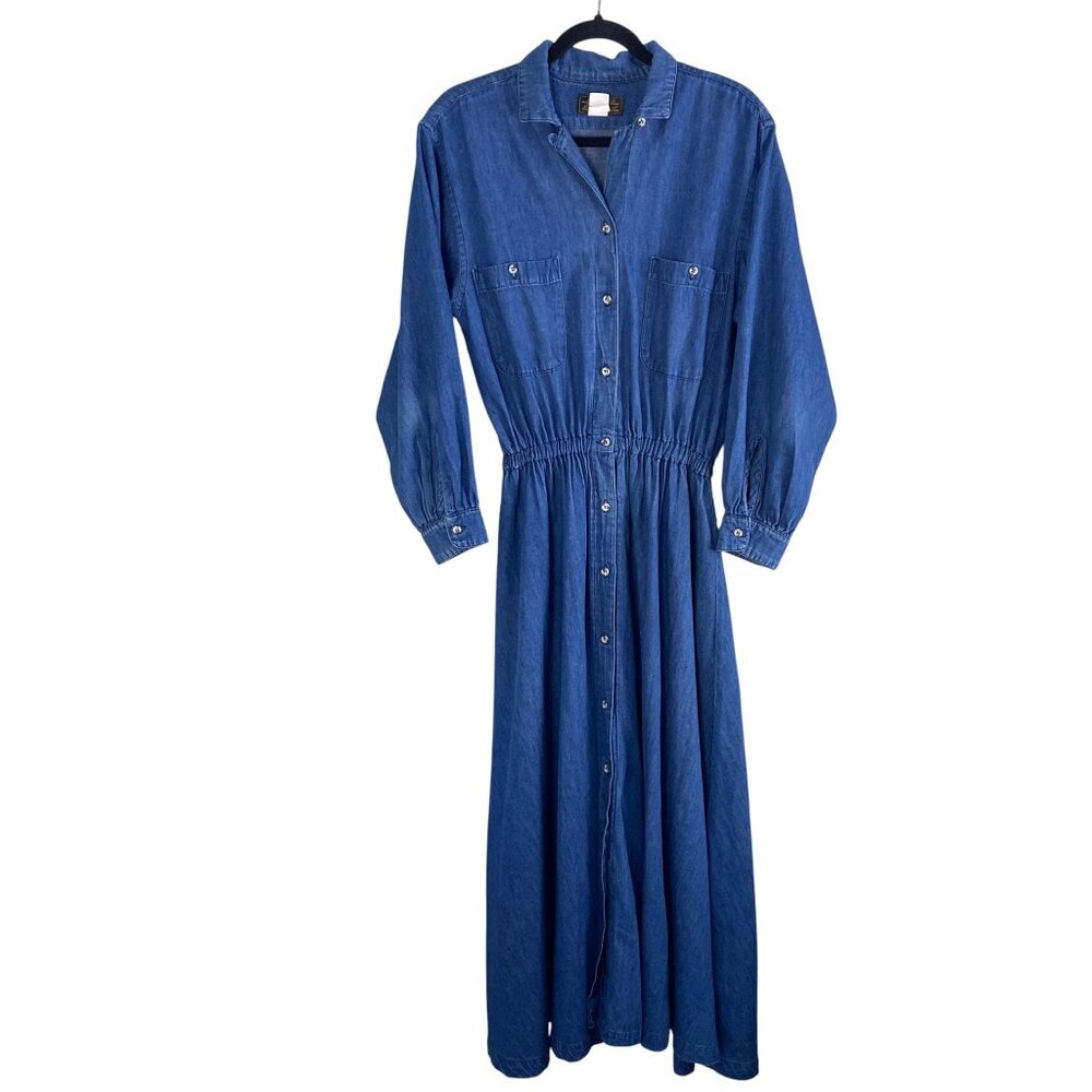 Vintage 90s Eddie Bauer Denim Maxi Dress USA Made Cotton Full Button Western-M